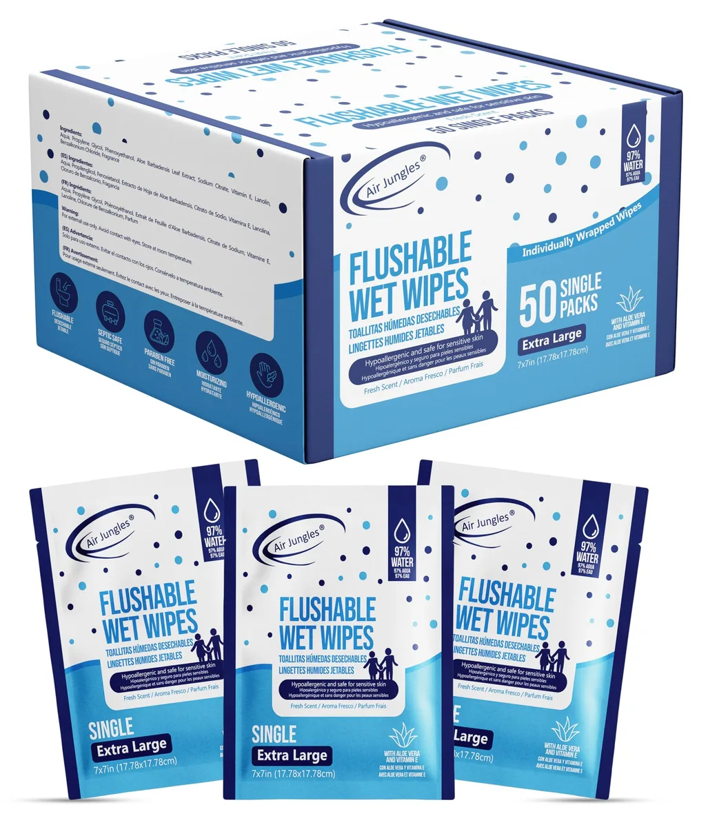 Rectangular box of 50 individually wrapped flushable wipes