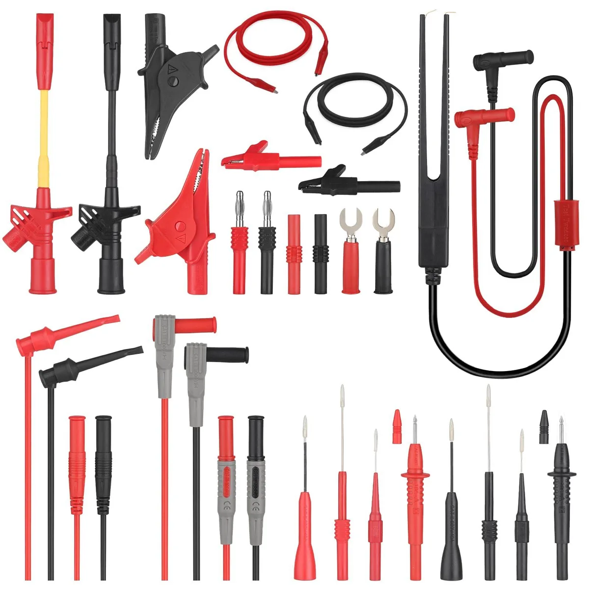 27-piece multimeter lead kit with probes, clips and tweezers in a clear box