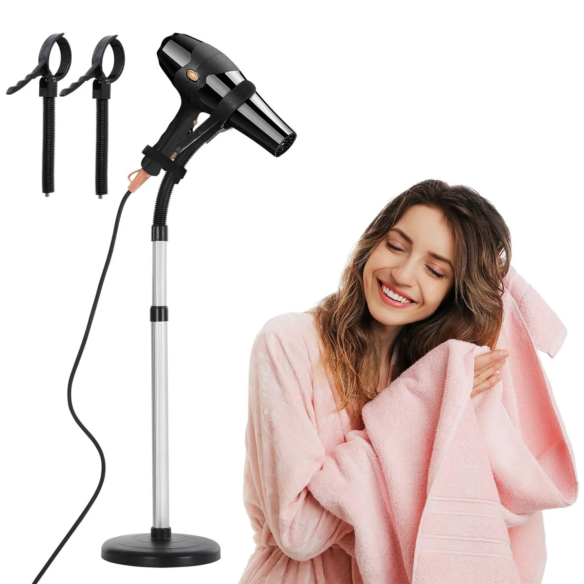 Metal hair dryer stand with two adjustable heads on a flexible neck, weighted base, height extends to 39.4 inch
