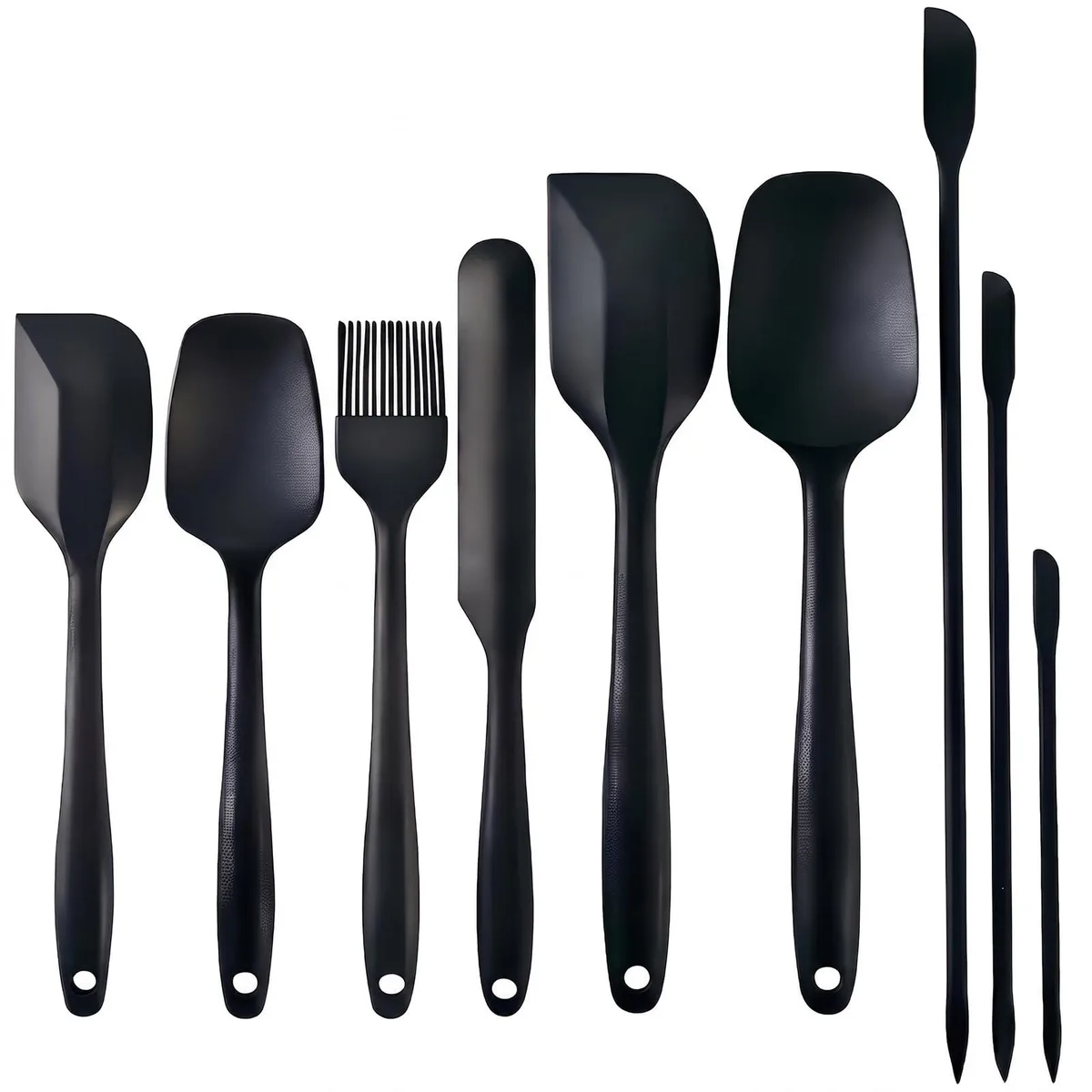 Nine black silicone spatulas in varied shapes and sizes