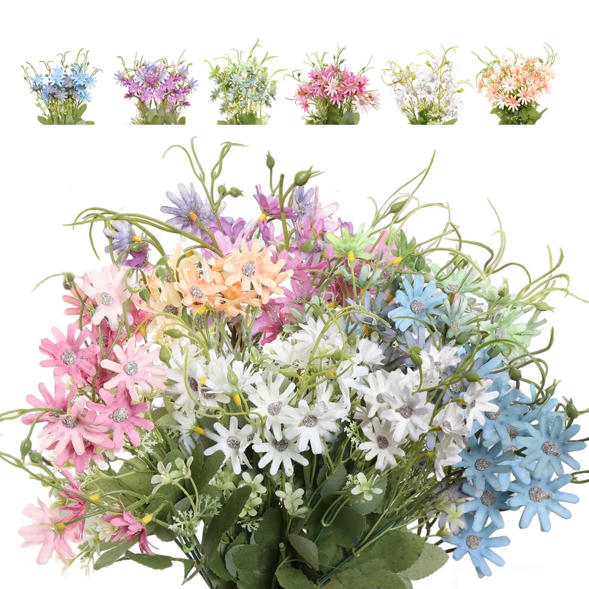 Six 40 cm artificial daisy stems in mixed colours with green foliage