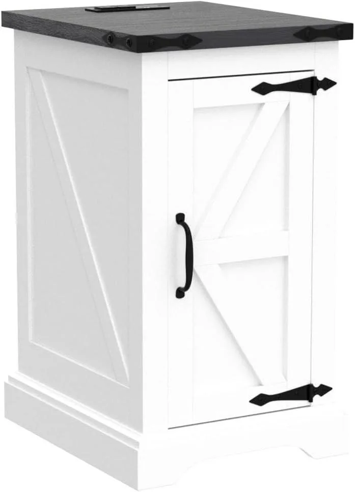 White rectangular nightstand with barn door front, adjustable shelf, charging station, and cord holes