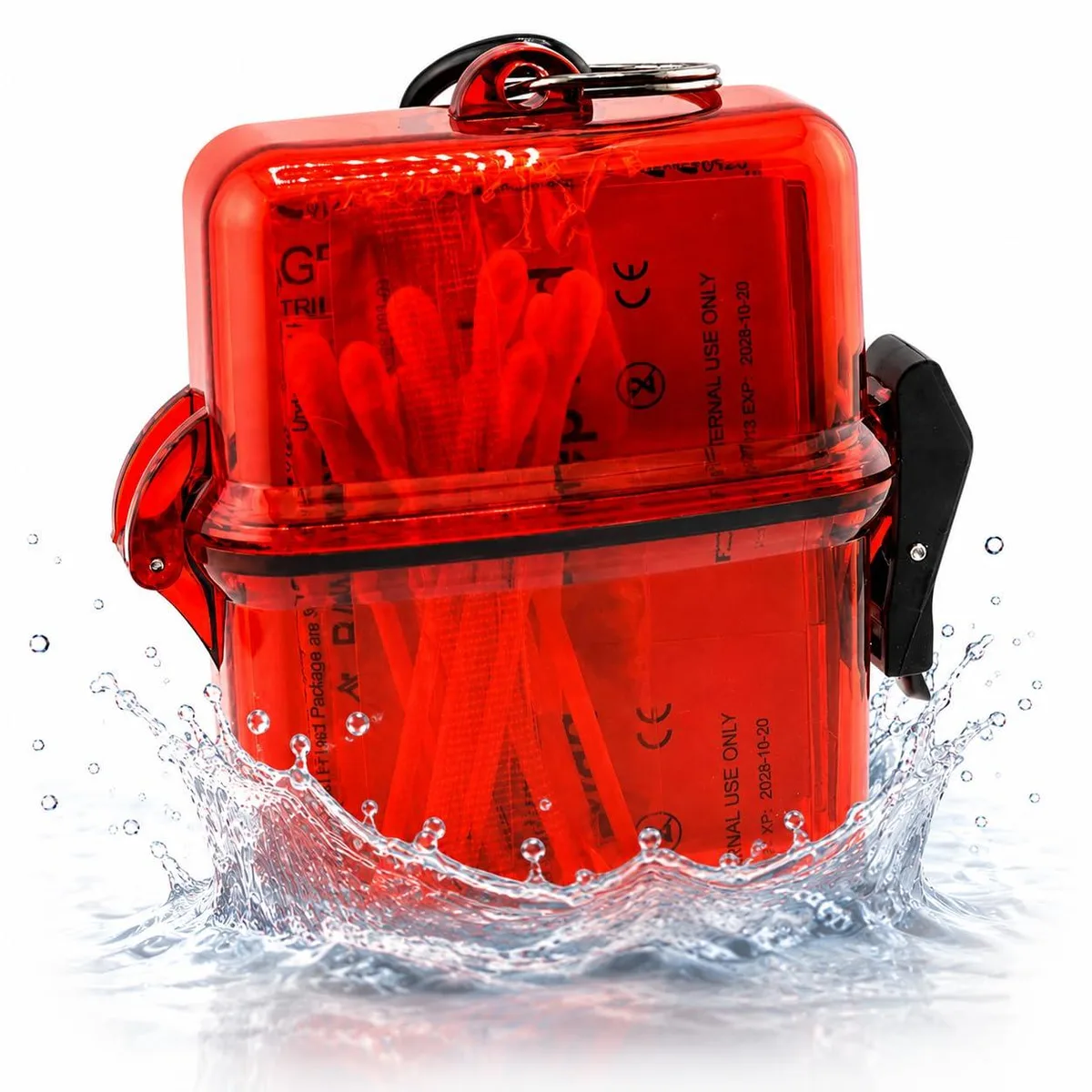 Compact red waterproof first aid kit with carabiner clip, 50 pieces, 0.18 lb
