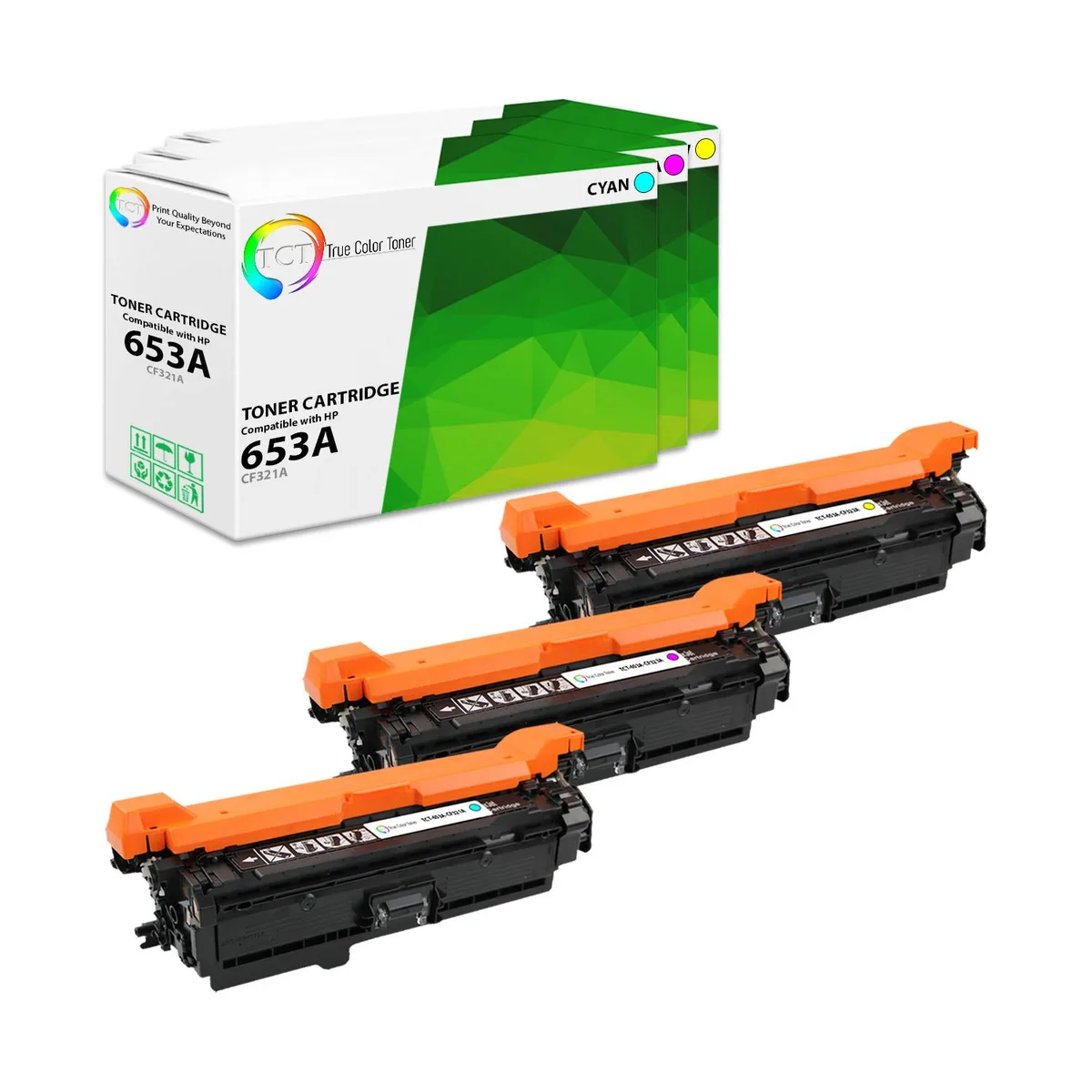 True Color Toner True Color Toner 653X CF321A CF322A CF323A Cyan 3 Pack toner cartridge — product photo