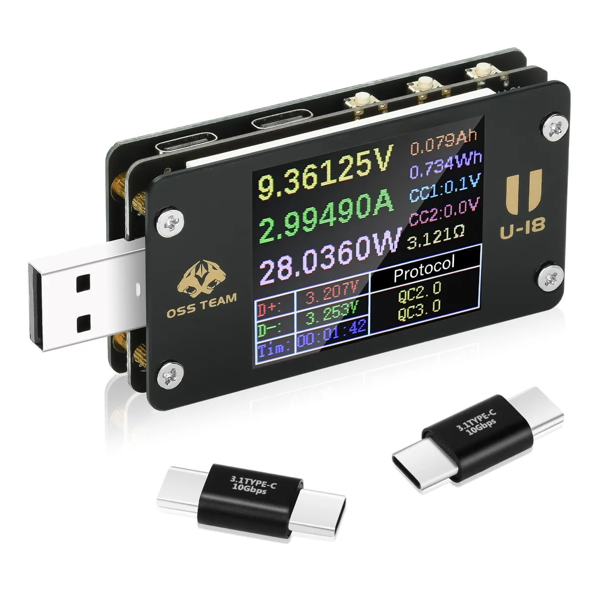 Compact USB-C tester with 1.77-inch TFT display and pass-through connectors