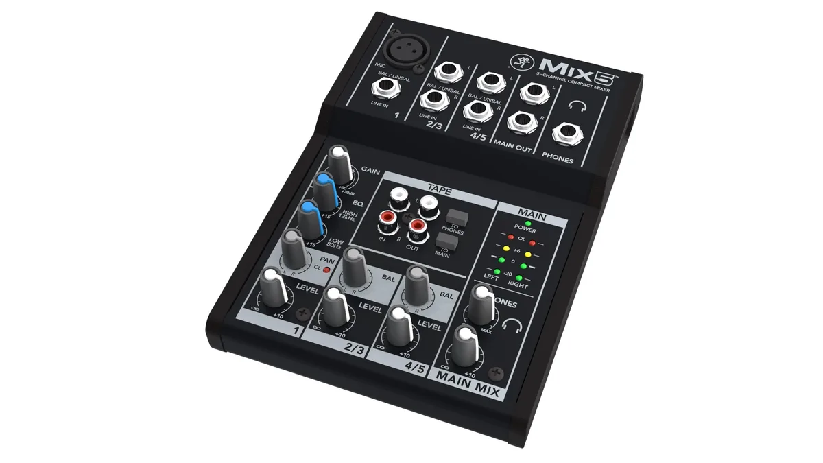 Compact silver 5-channel audio mixer with knobs and ports
