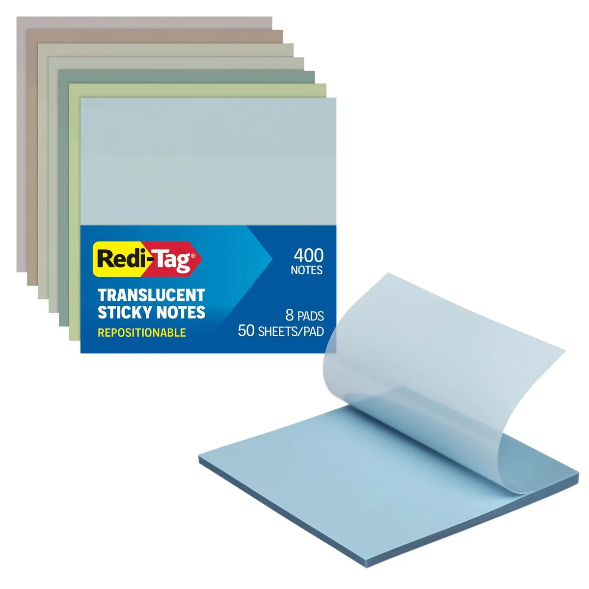 Eight square pads of translucent sticky notes in calming colours