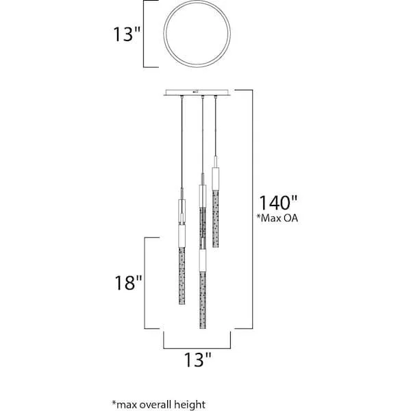 Black chrome pendant with five clear bubble glass rods, 13 inches wide