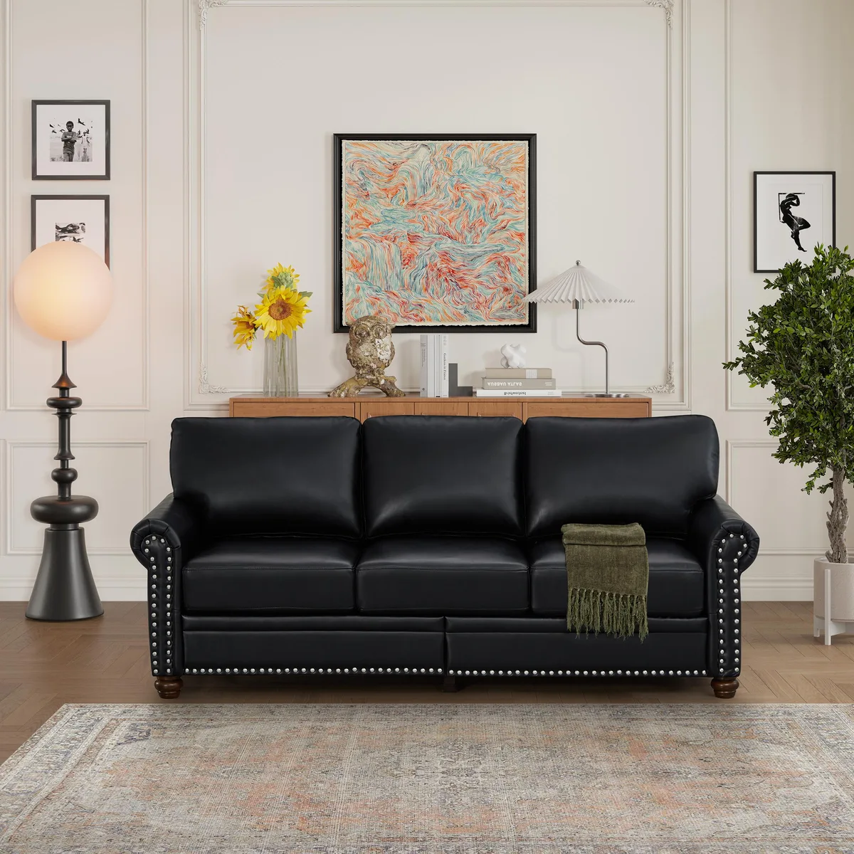 tuphen tuphen Classic Living Room Nails Sofa Black Faux Leather — product photo