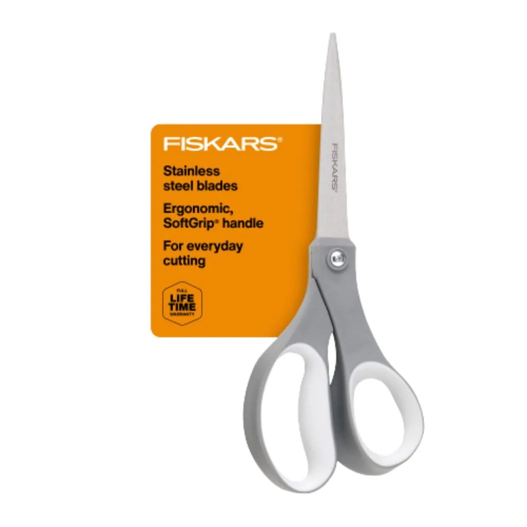 Grey 8-inch all-purpose scissors with stainless steel blades and contoured soft-grip handles