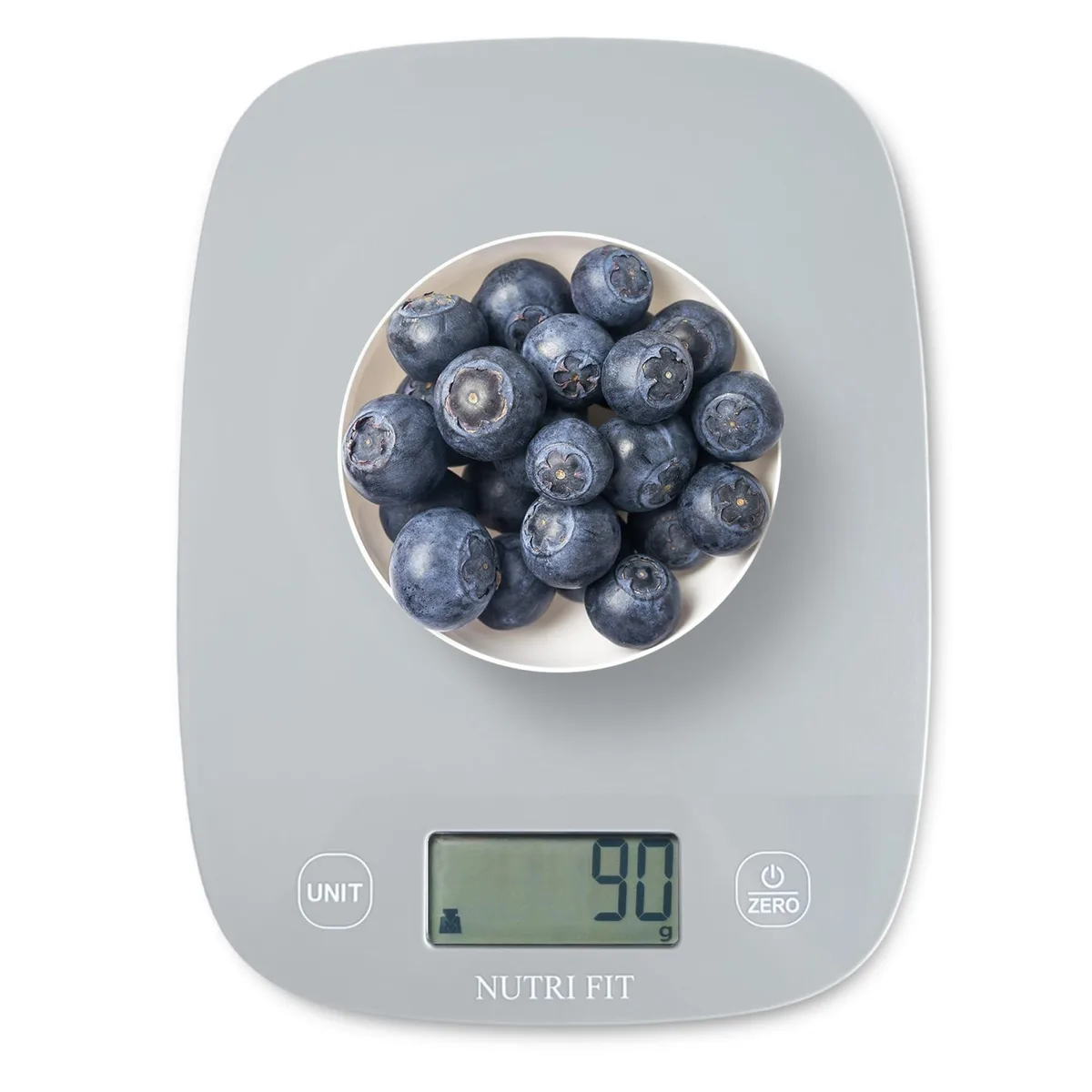 Silver digital kitchen scale with stainless steel finish, rectangular shape, LCD display and touch buttons