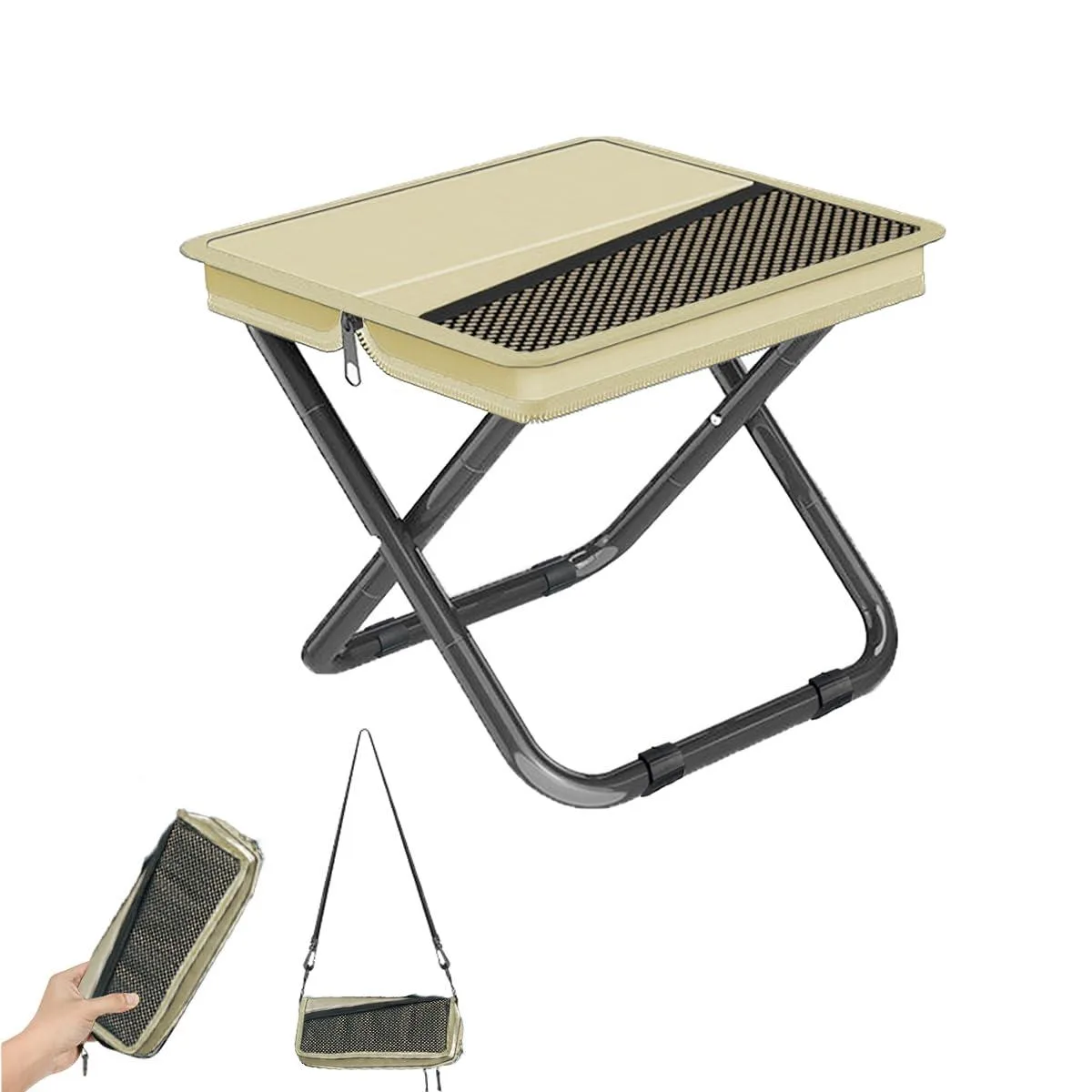 Khaki folding stool, iron frame, folds to palm size, includes carry pouch