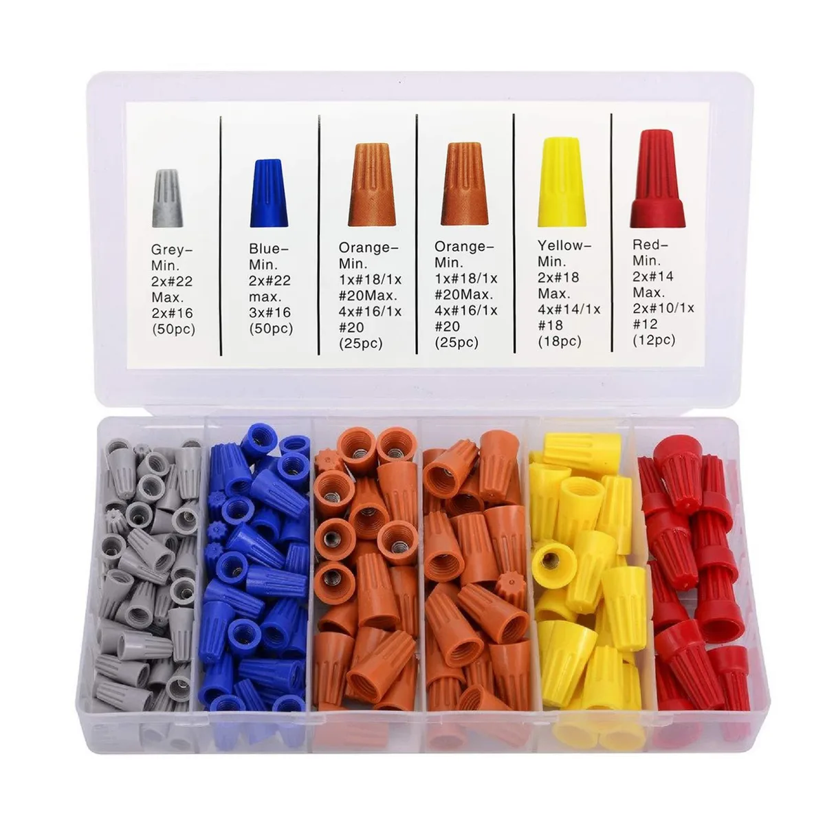 Transparent box holding 180 coloured wire connectors in grey blue orange yellow red