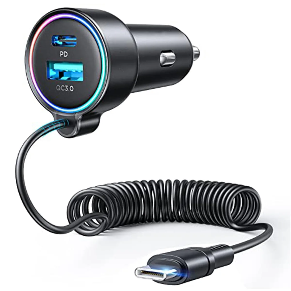 A compact car charger with a built-in coiled USB-C cable extending from its body