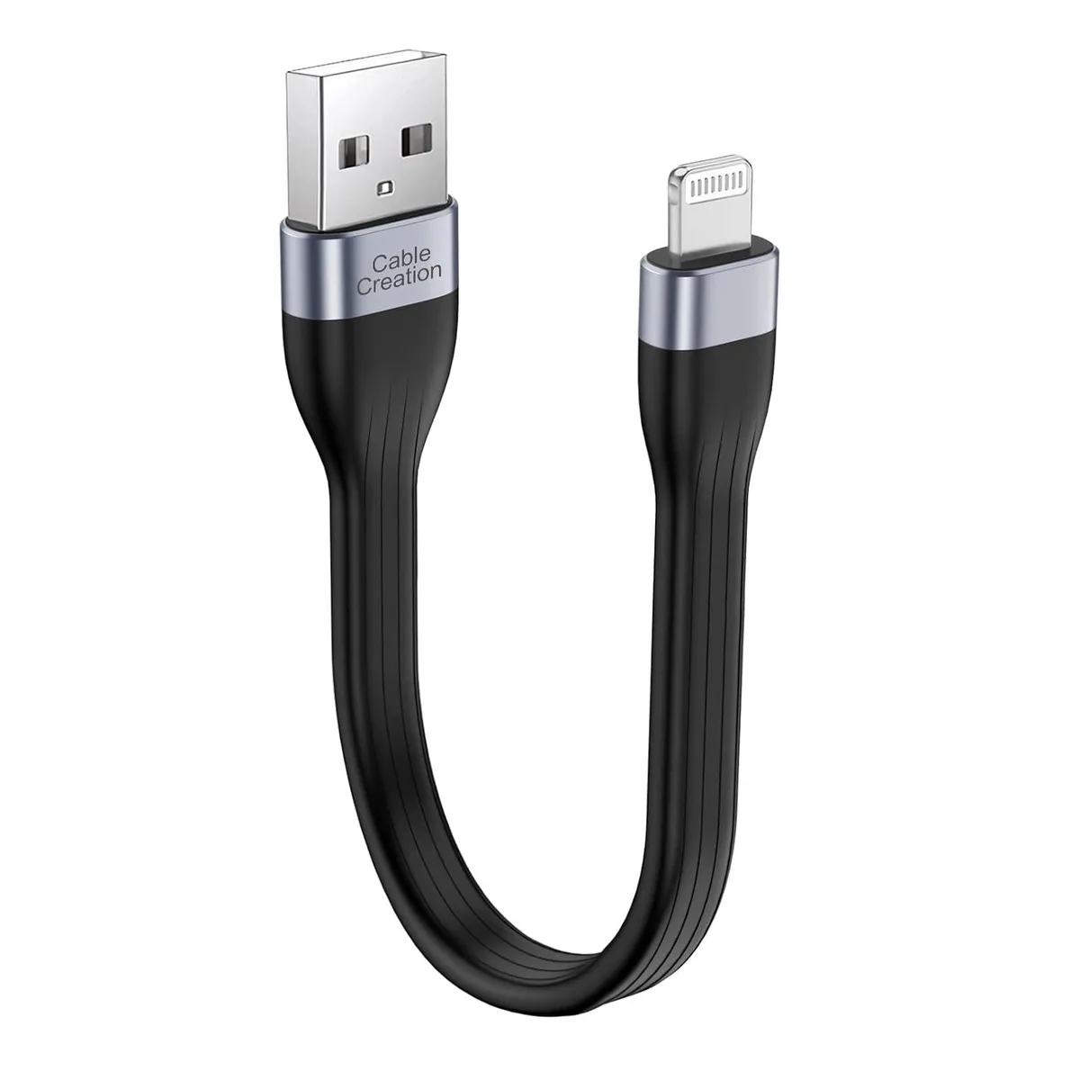 Short flat white USB to Lightning cable with aluminium connectors