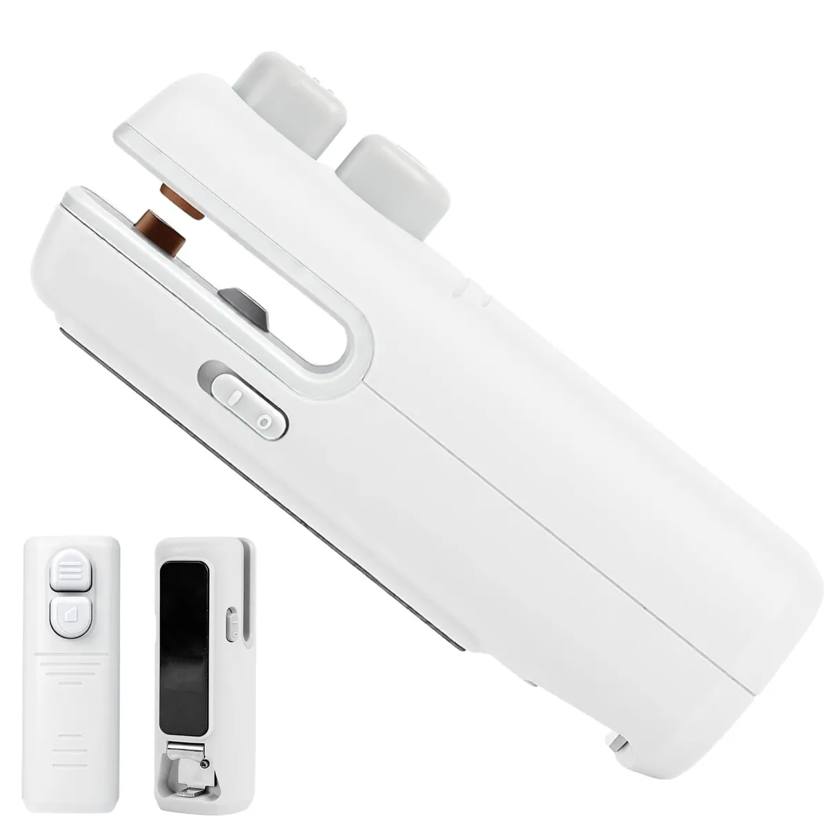 White palm-sized plastic bag sealer with hidden cutter and built-in magnet