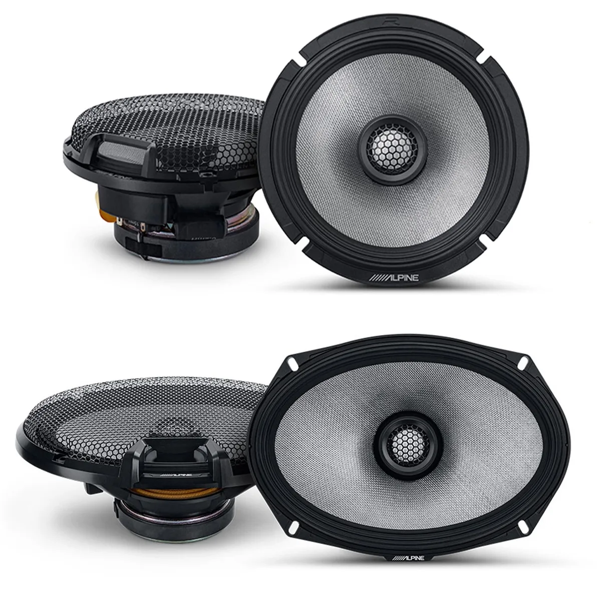 Two pairs of black car coaxial speakers with silver cones and dome tweeters, plus grilles, a pry tool and a branded coozy