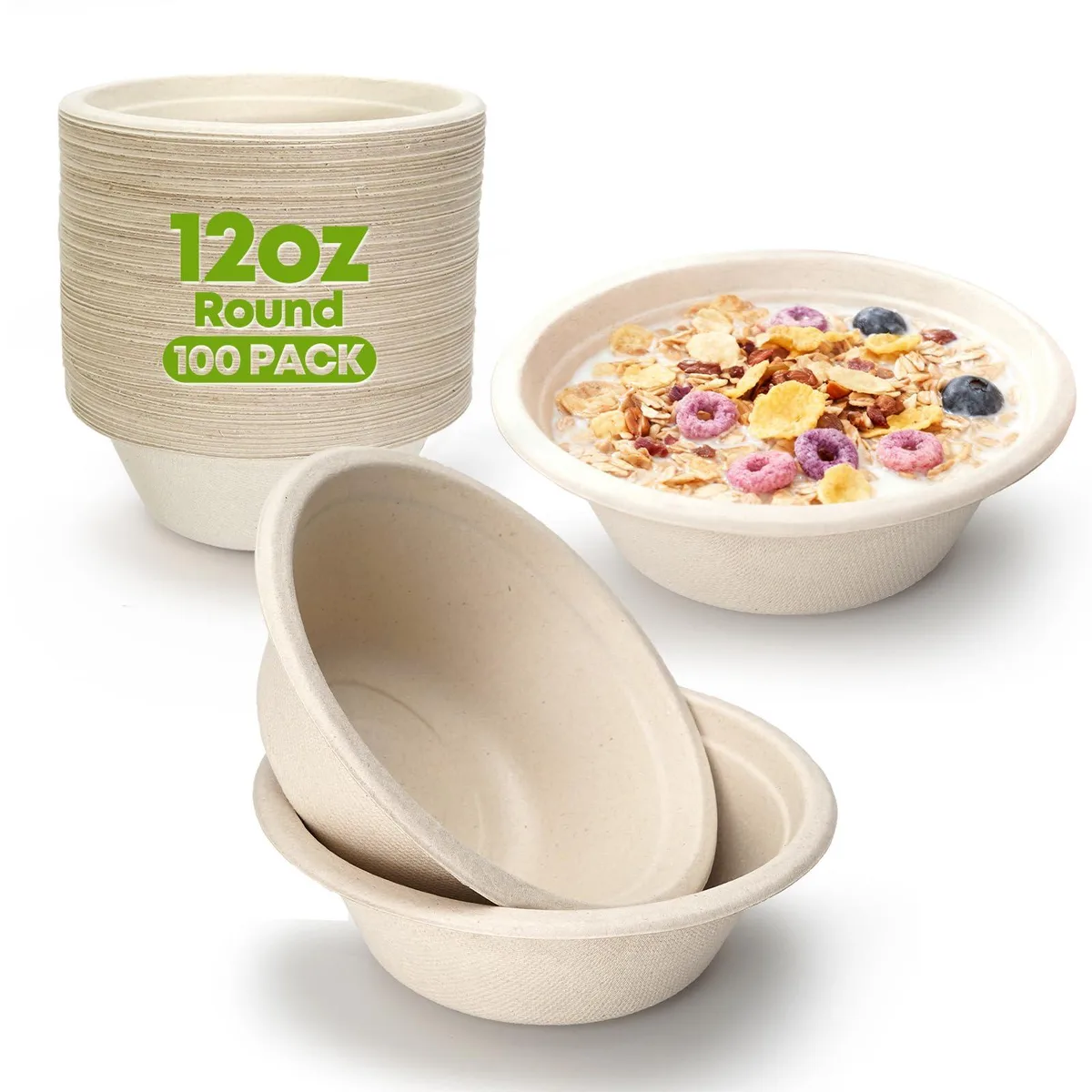 Stack of 100 round brown compostable sugarcane fiber bowls 12 oz