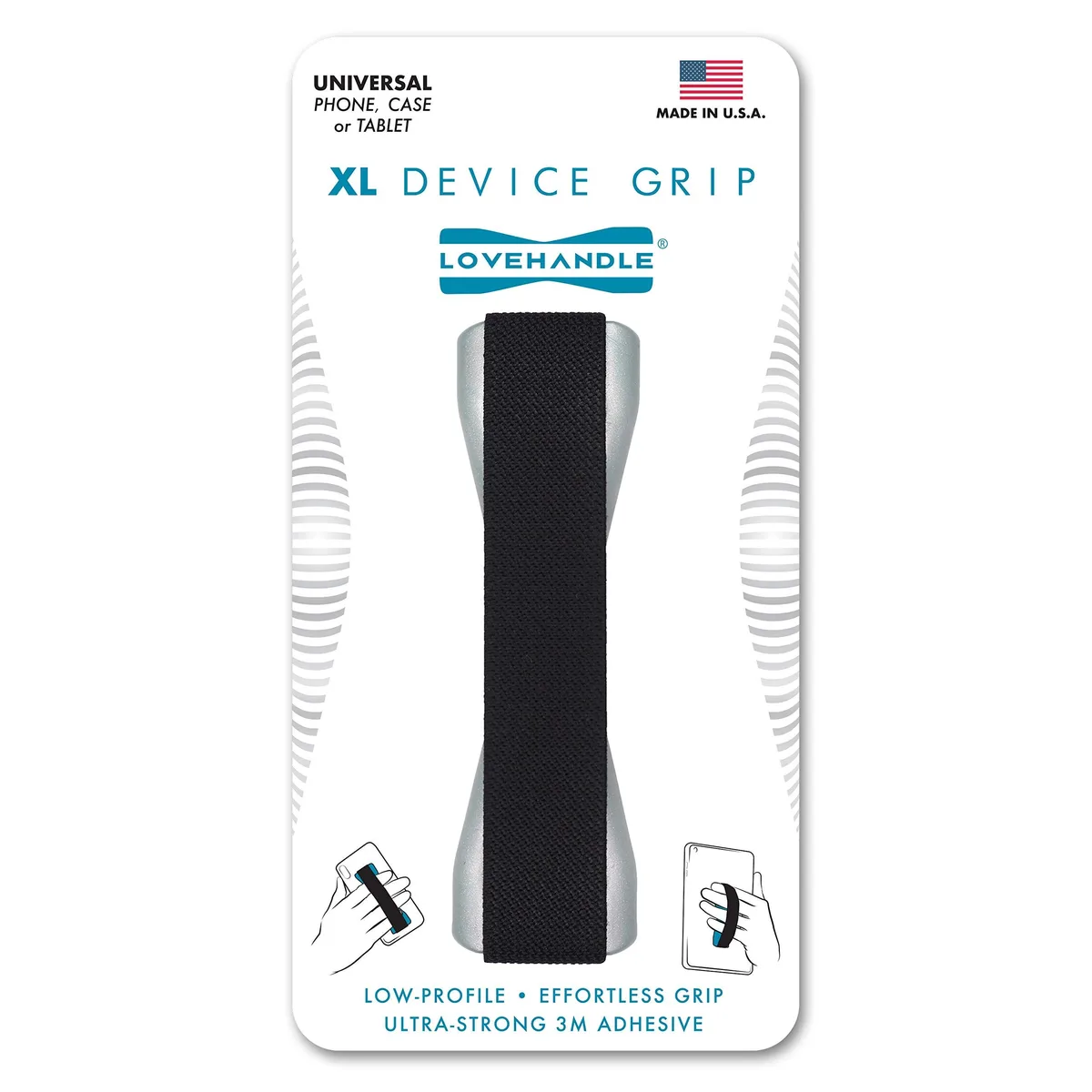 Grey rectangular base with black elastic strap looped through, adhesive backing visible, thin low-profile design