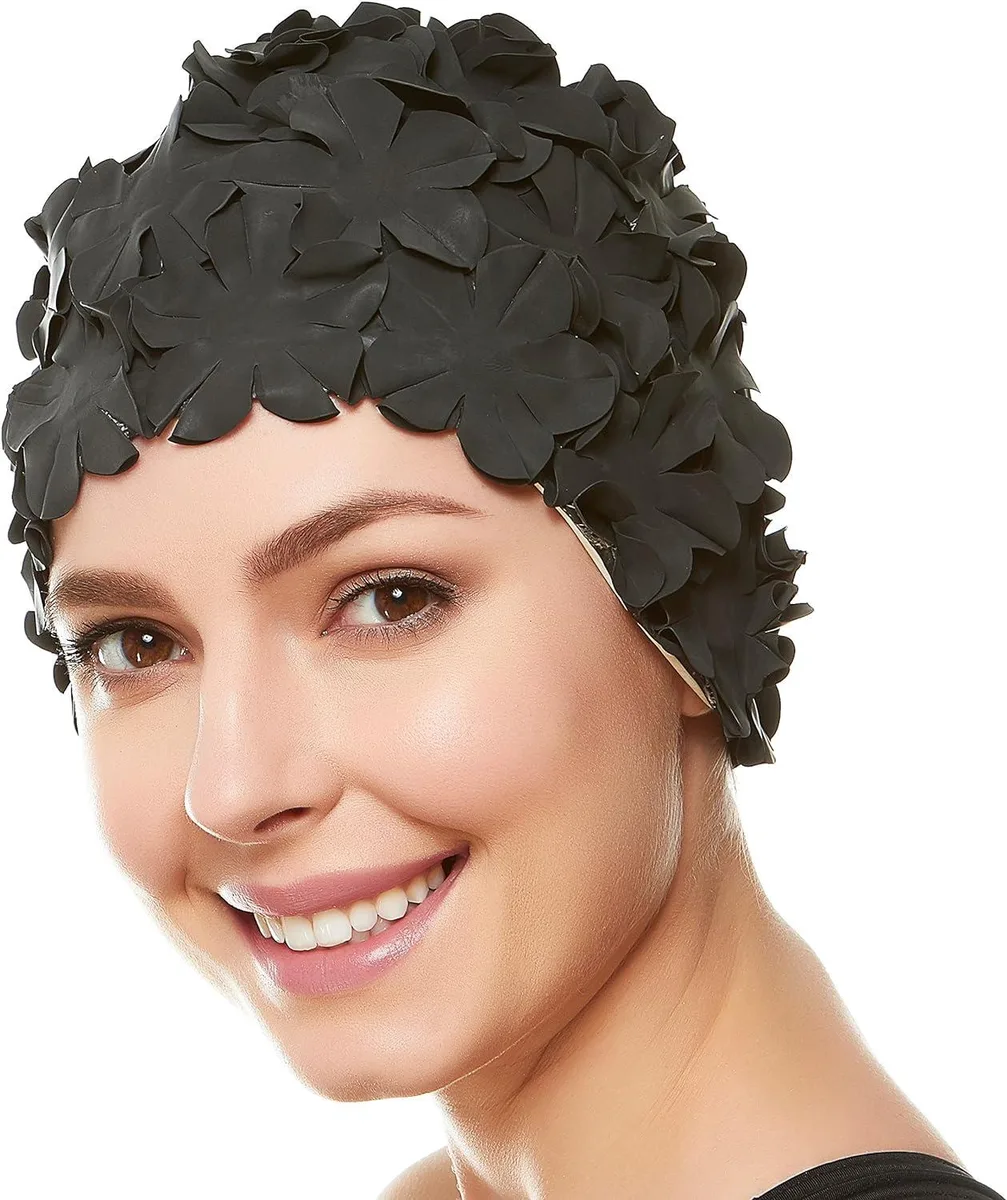 Beemo Beemo Floral Petal Ladies Swim Cap Black — product photo