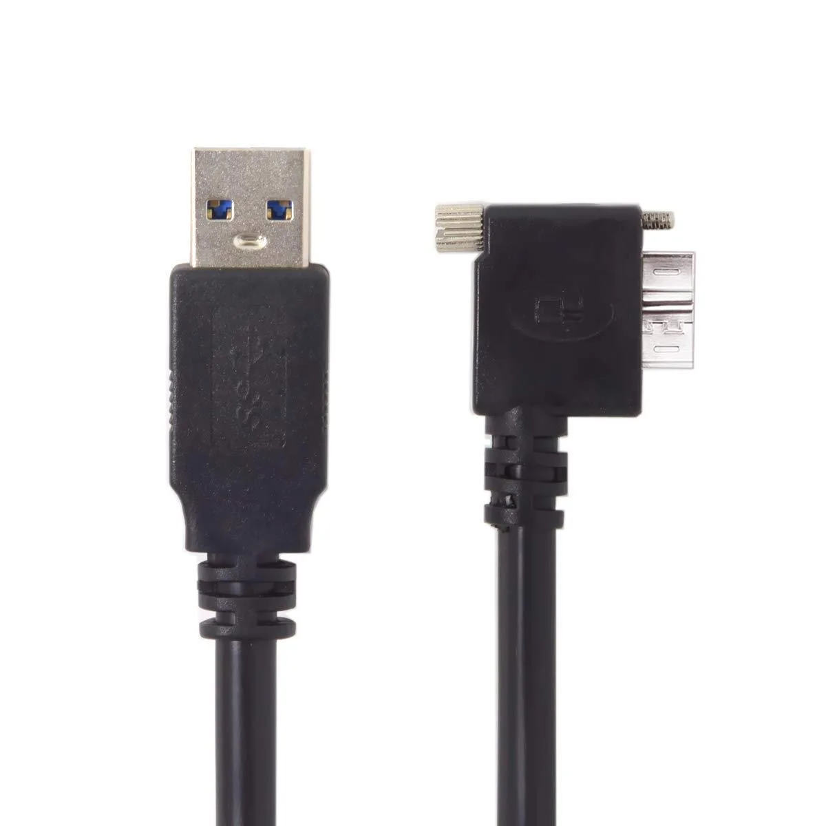 Blue USB 3.0 cable with left-angled Micro-B connector and two mounting screws