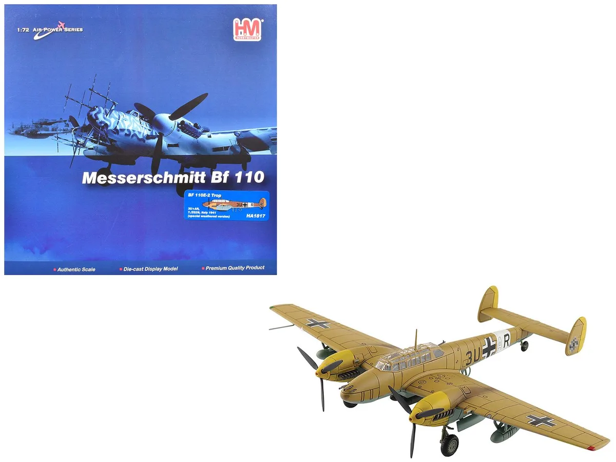 Hobby Master Hobby Master Messerschmitt BF 110E-2 Trop 1/72 Diecast 3U+AR 7./ZG26 Italy 1941 hobby collectible — product photo