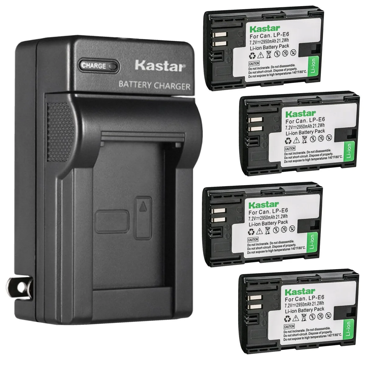 Kastar Kastar 4-pack LP-E6 camera battery and AC wall charger — product photo