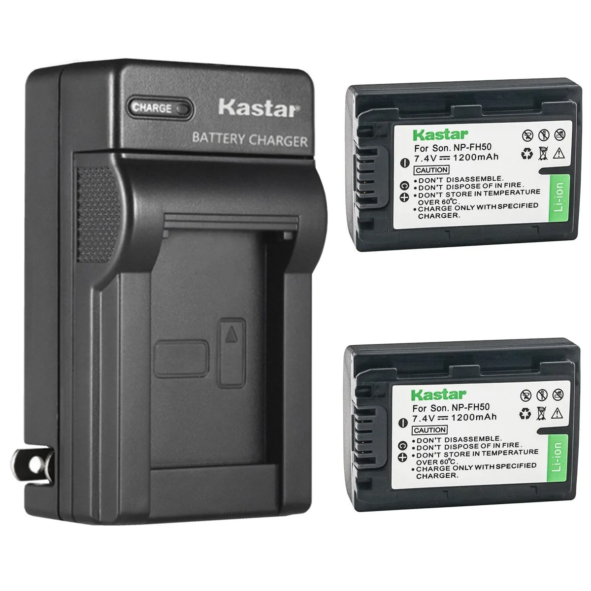 Kastar Kastar NP-FH50 2-Pack Battery &amp; AC Wall Charger for Sony HDR-HC38 HC48 HC5 HC62 HC7 HC9 HC96 SR10 SR100 SR11 — product photo