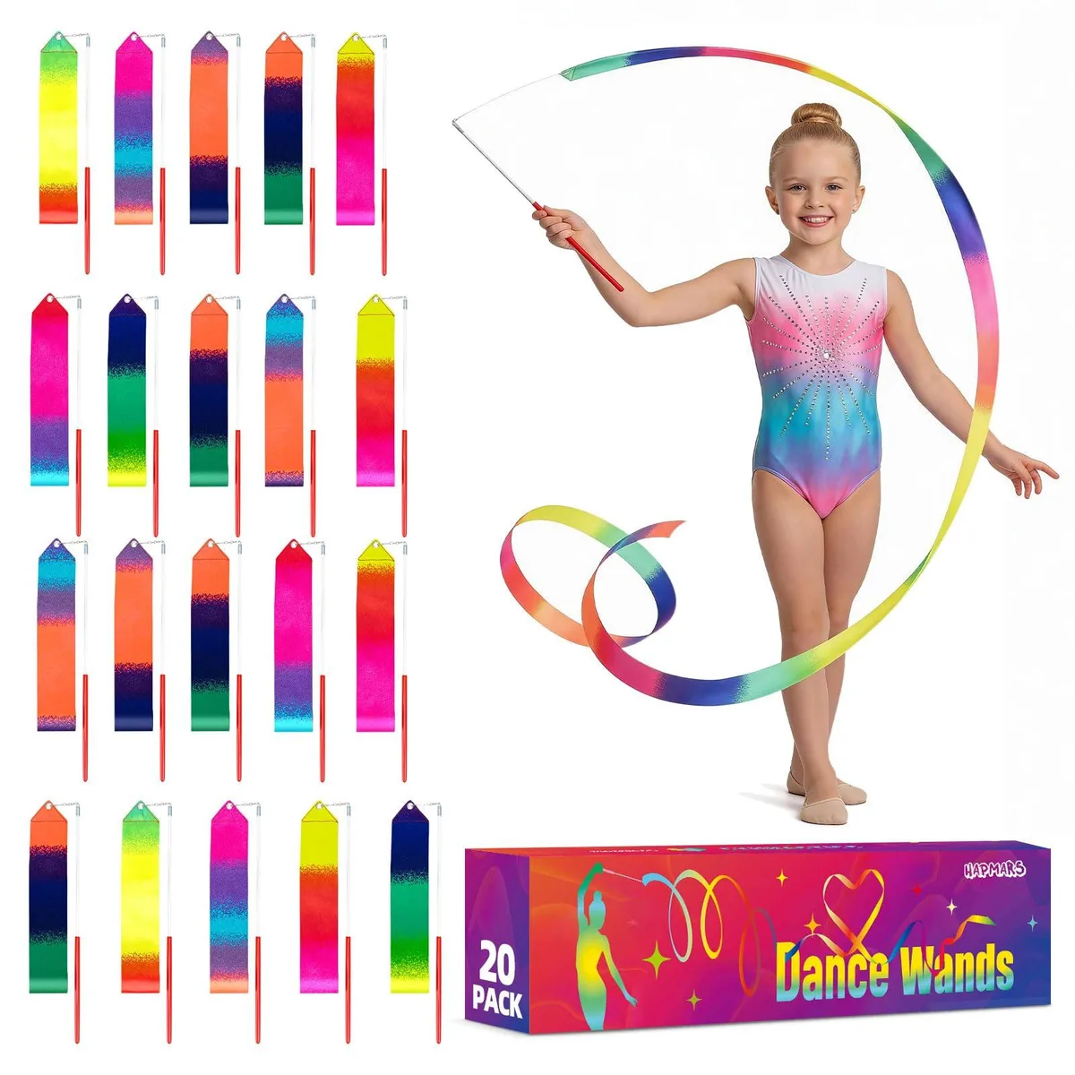 Twenty gold ribbon dancing wands with red handles and rainbow streamers