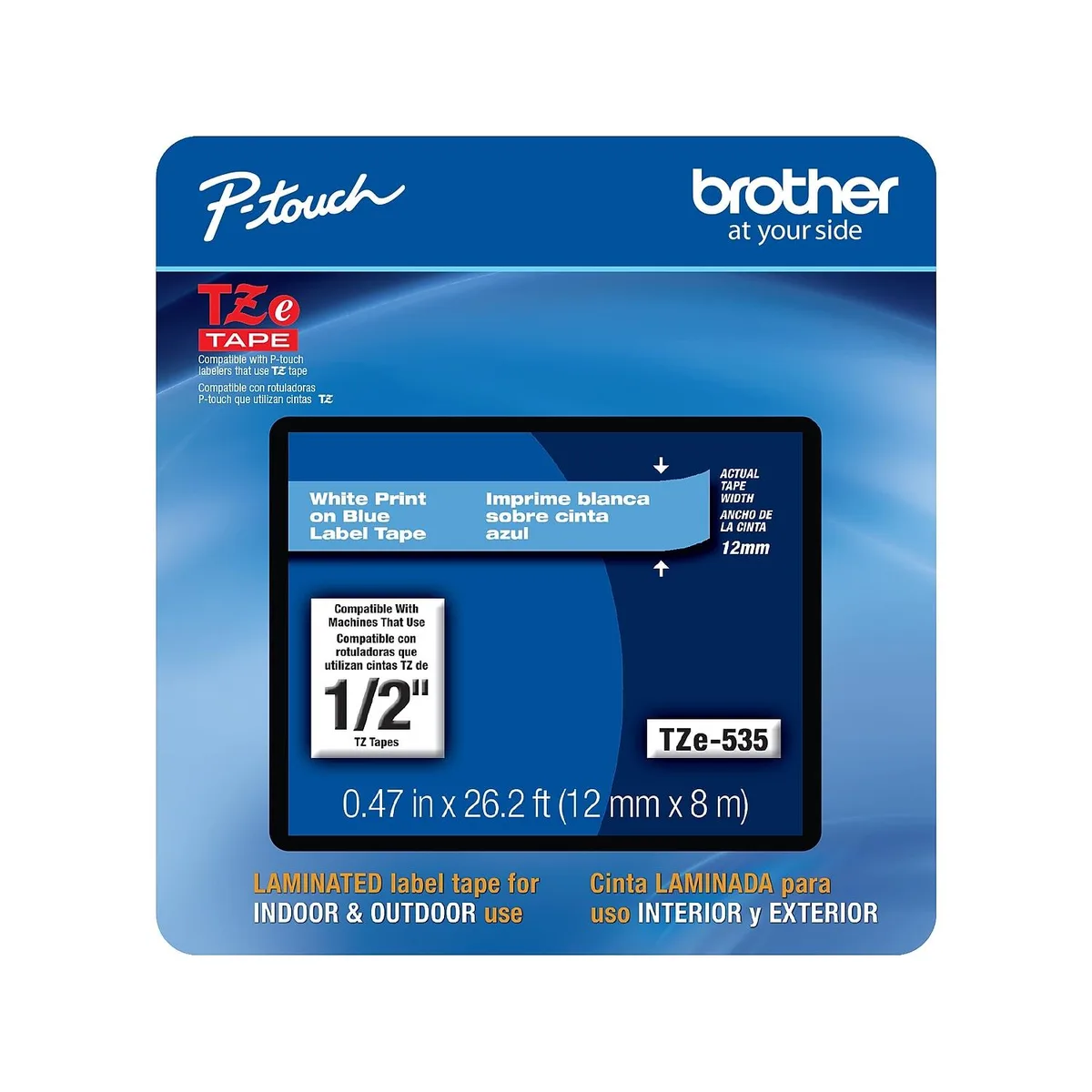 Brother Brother TZE535CS label tape 0.47" x 26.2' white on blue — product photo