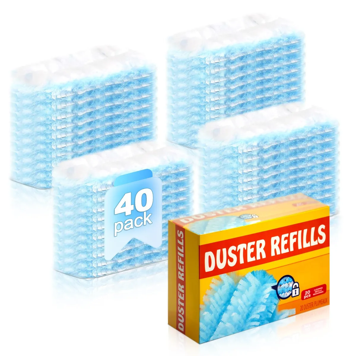 Blue microfiber duster refills, 40 pack, flat rectangular sheets with handle attachment points