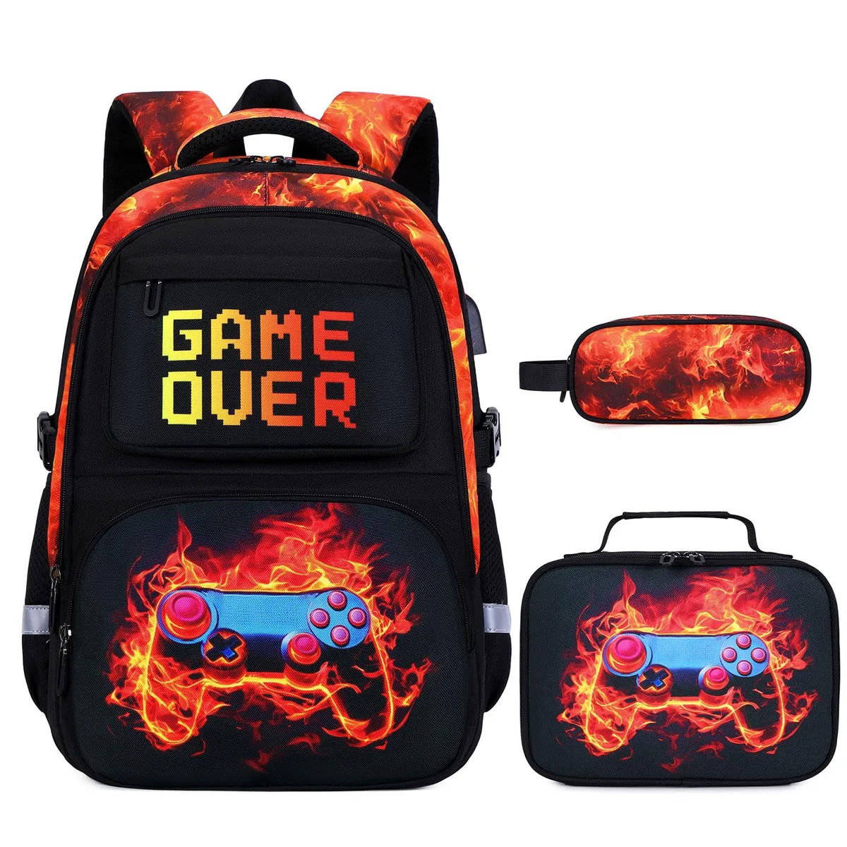 Red 18-inch three-piece backpack set with lunch bag and pencil case