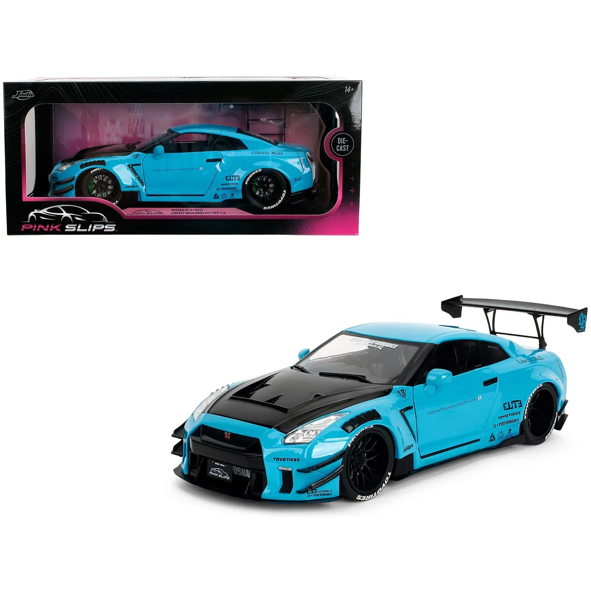 Jada Jada Nissan GT-R (R35) Liberty Walk 2.0 RHD Blue Black Hood Pink Slips 1/18 Diecast — product photo
