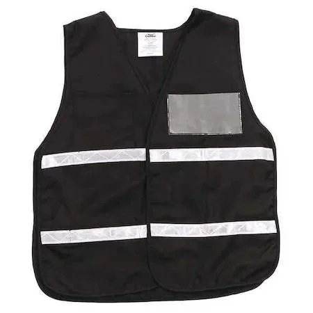 Black safety vest with silver stripes, hook-and-loop closure, 23in length, clear card holder, chest and inner pockets