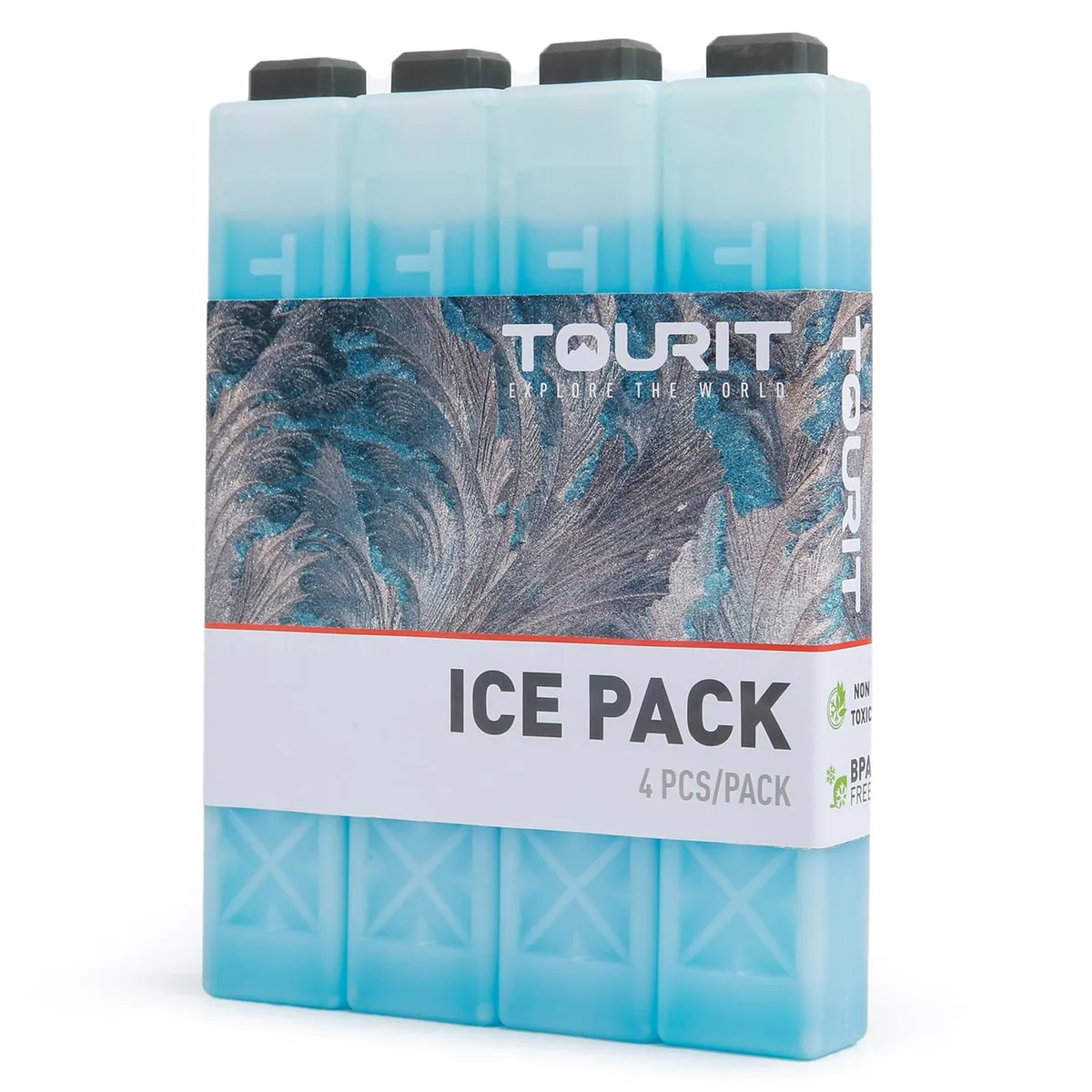 Four slim blue gel ice packs in grey packaging