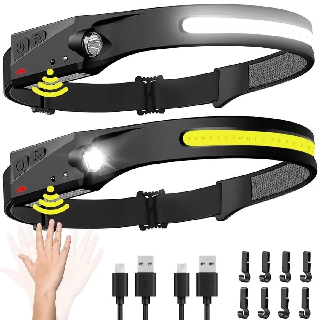 Two compact rechargeable headlamps with wide LED bars, silicone bodies, adjustable elastic straps, and motion-sensor buttons