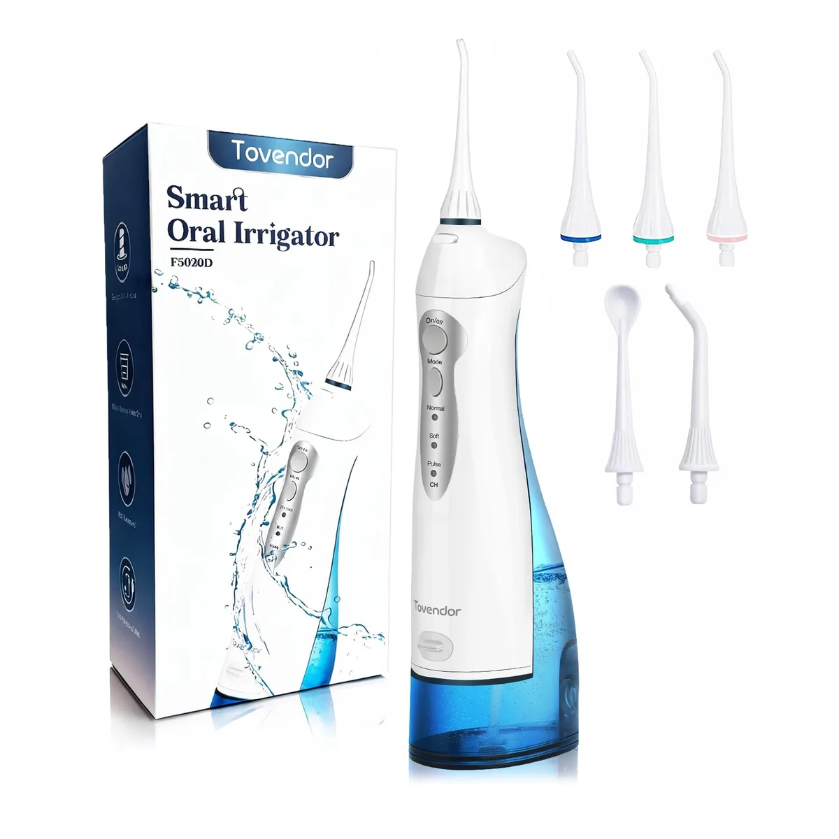 White cordless water flosser with 300ml tank and five tips
