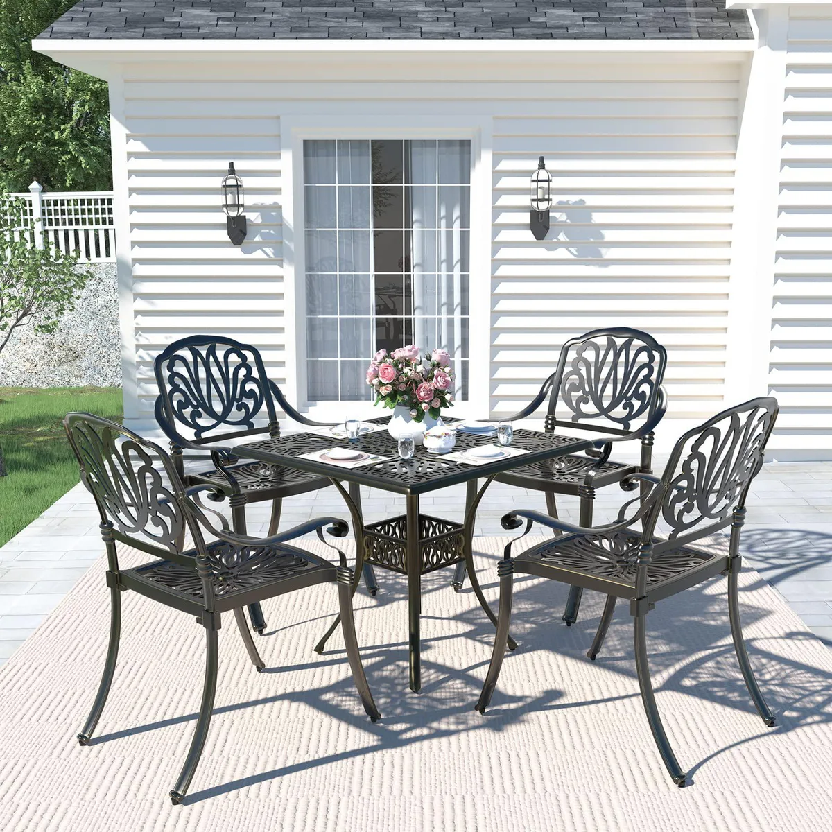 MEETWARM MEETWARM 5-Piece Patio Dining Set 35.4" Table 4 Chairs Floral Design — product photo