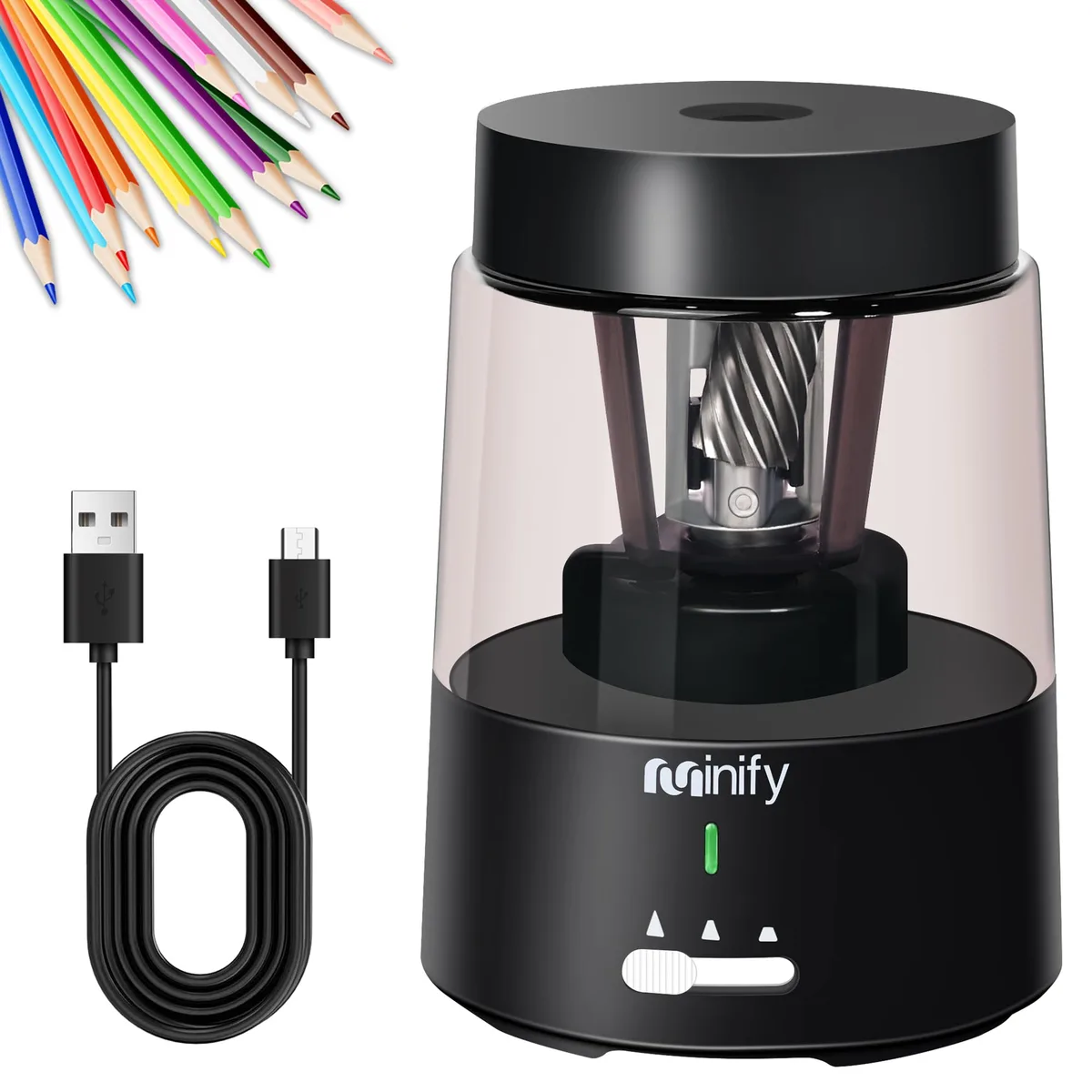 Black plastic electric pencil sharpener with shavings container