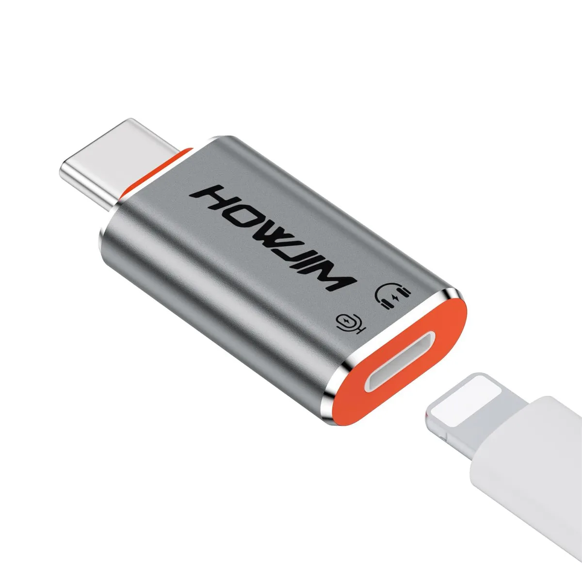 Gray USB-C male to Lightning female adapter, compact rectangular shape