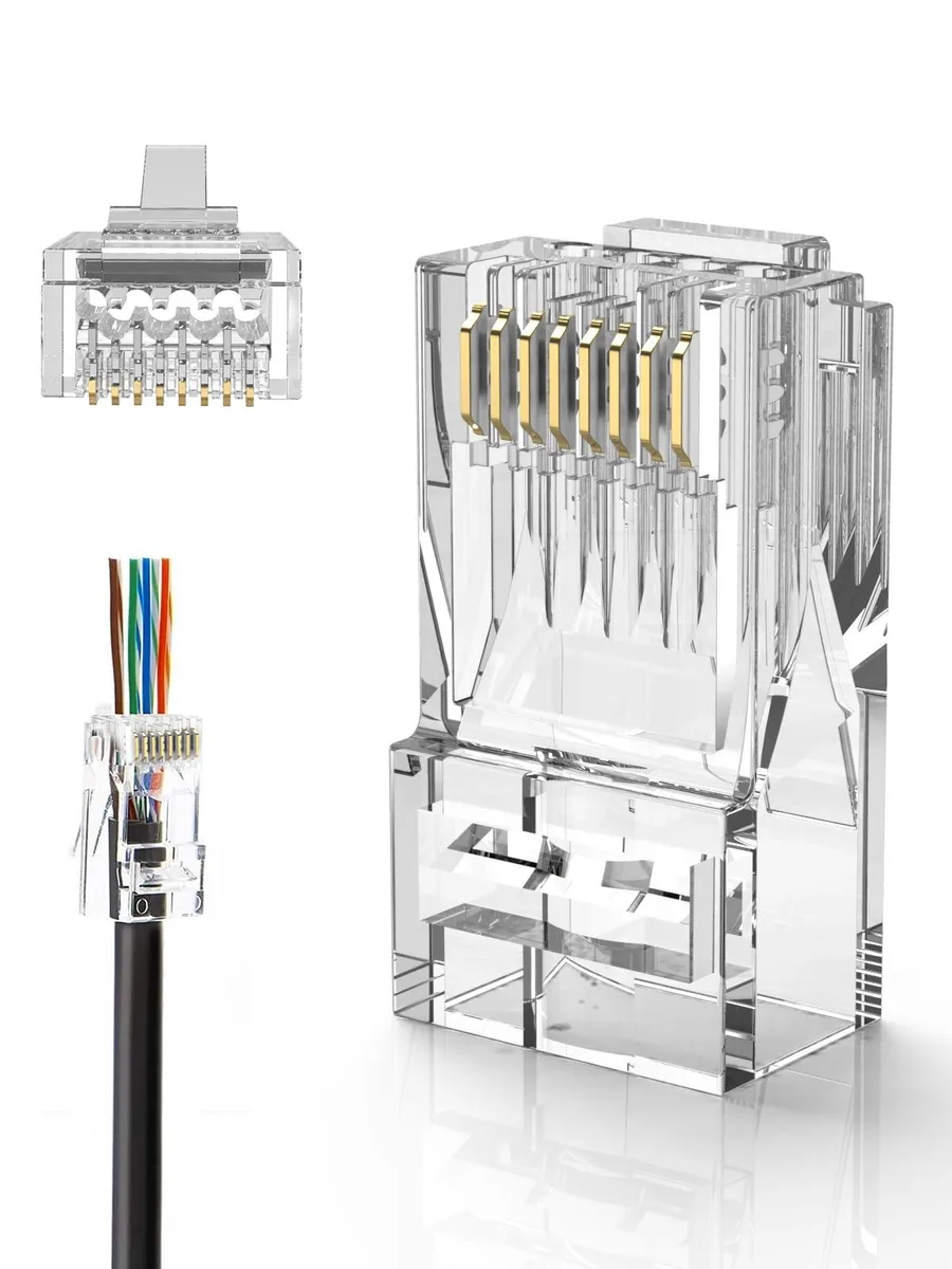 100 transparent RJ45 pass-through connectors for Cat6 and Cat5e cables