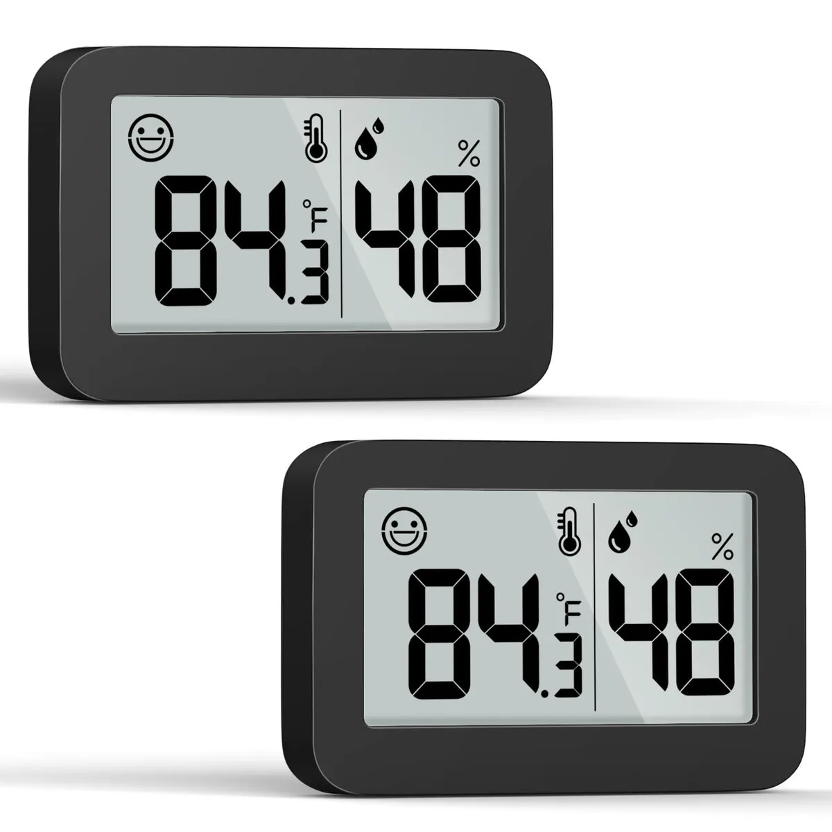 Two small black rectangular digital thermometer hygrometers with LCD screens
