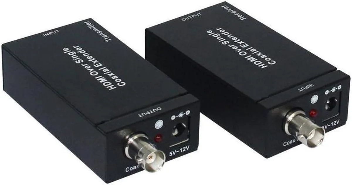 Two small black boxes with HDMI and coaxial ports and an IR cable