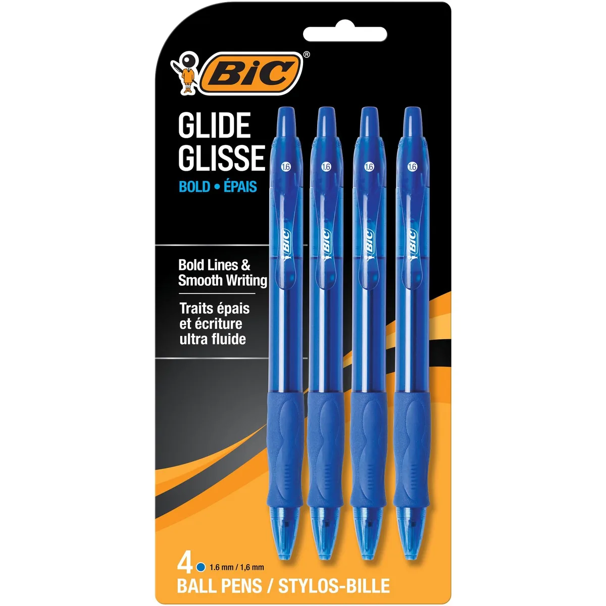 Four blue retractable pens with rubber grip and clip