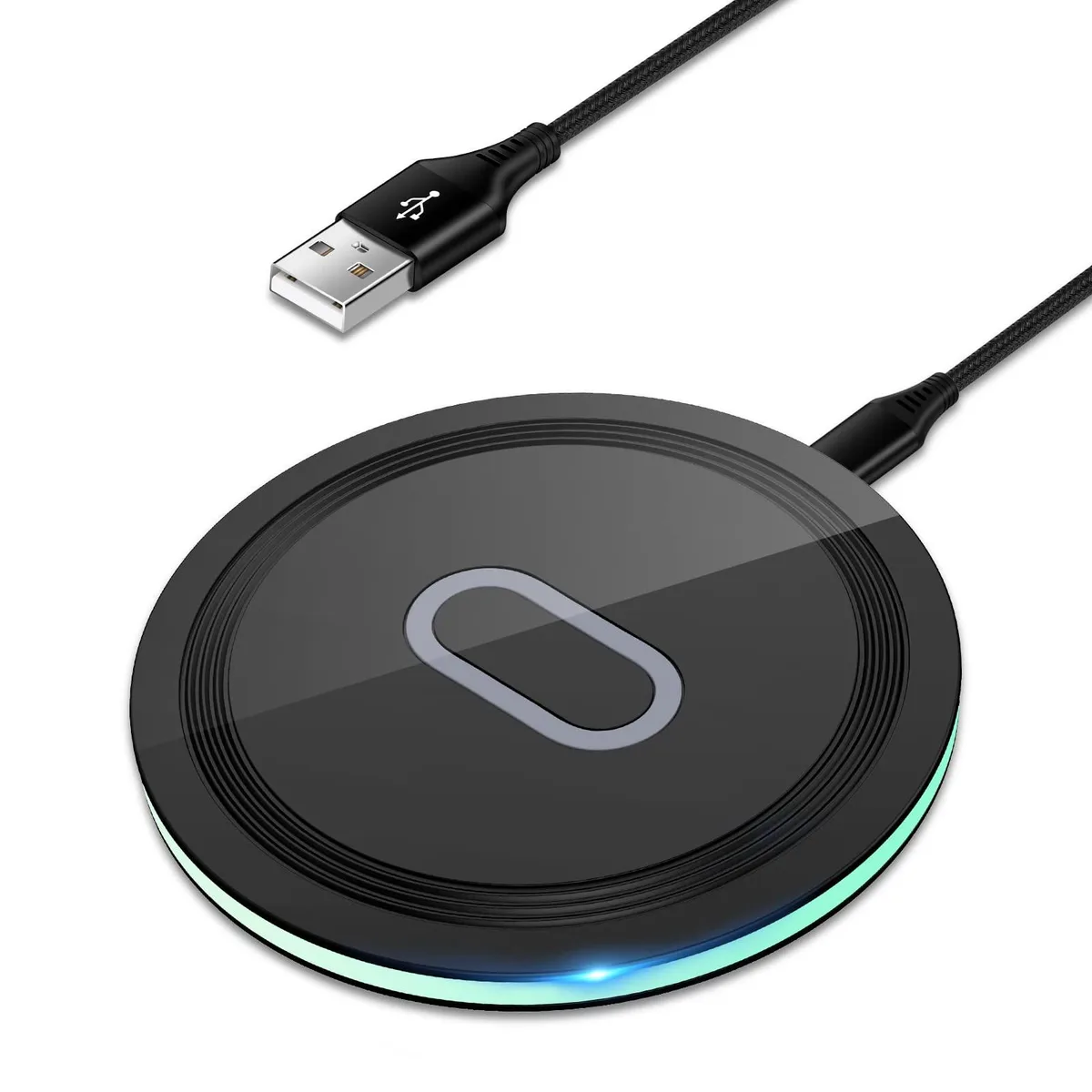 Thin circular pad with non-slip silicone surface and green LED indicator