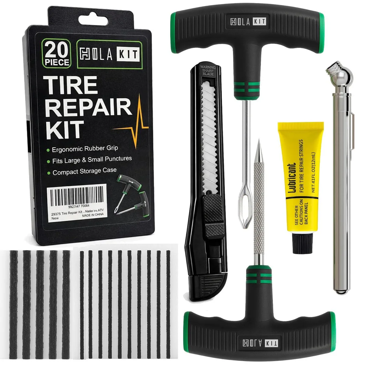 Metra HKBT04 20-piece tire repair kit with 15 strips, T-handle tools, gauge, knife, lubricant — product photo