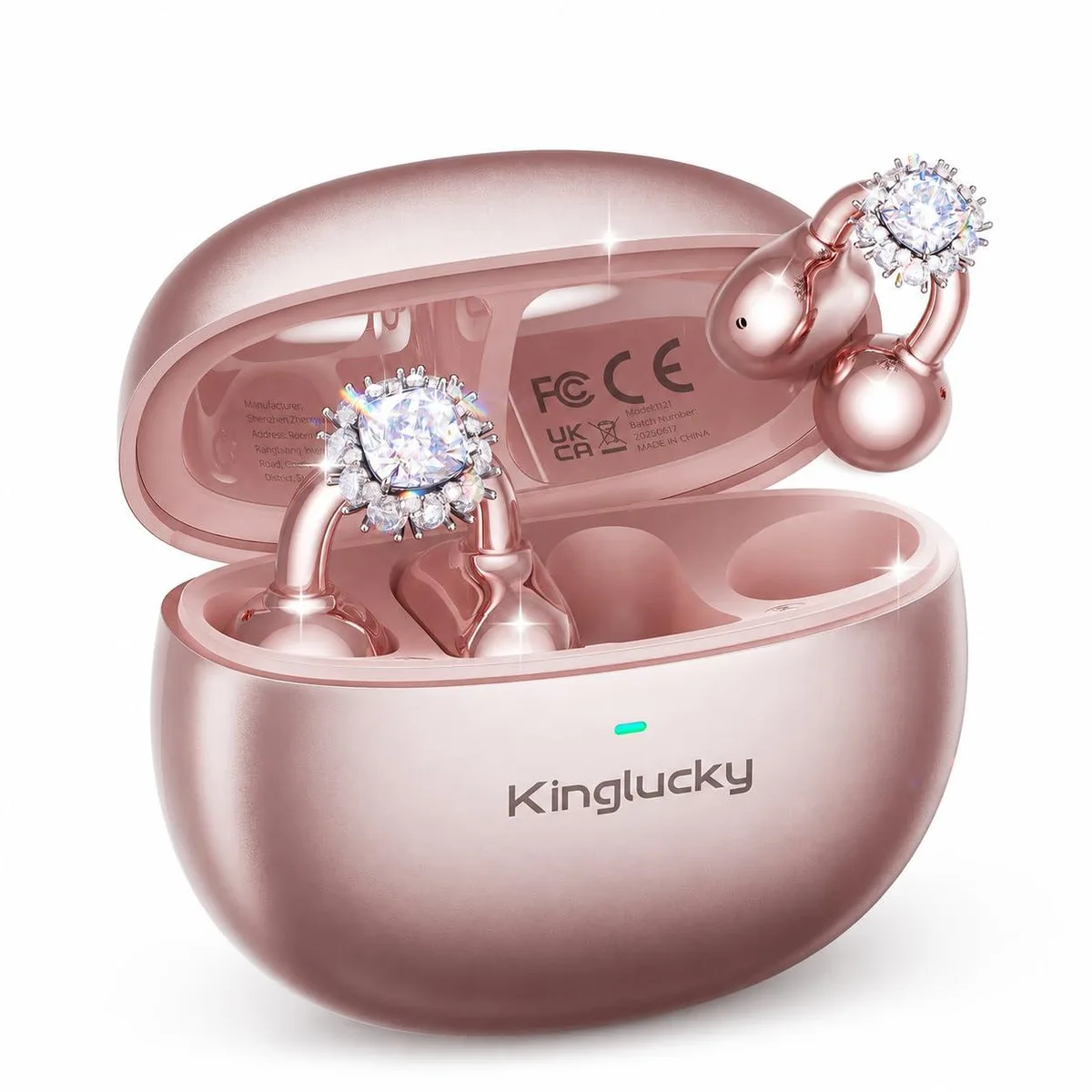 Kinglucky A8 i121 Clip-On Open Ear Earbuds with Detachable Diamond Earrings, Bluetooth 5.4, 40H, Rose Gold — product photo