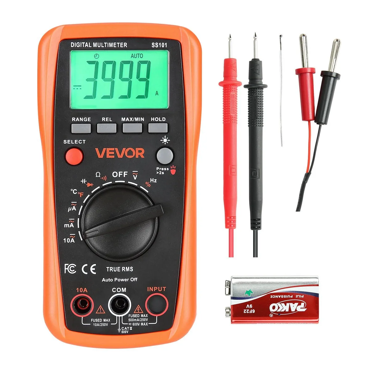 Orange handheld digital multimeter with LCD display and test leads