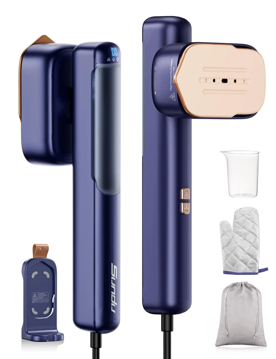 White handheld garment steamer with rotating head, LED display, and travel bag