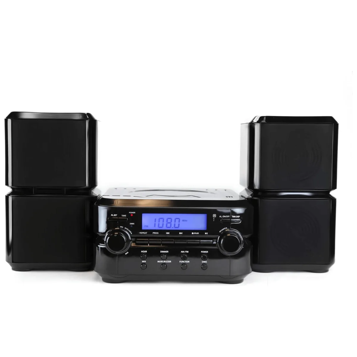 Compact silver microsystem with top-loading CD slot, detachable speakers and front LCD display